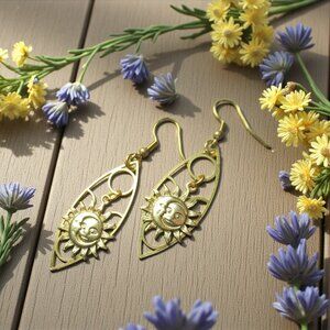 Mod Celestial Earrings, Sun and Moon in Modern Brass